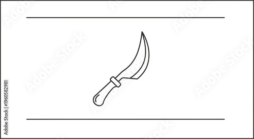 The image displays a sleek outline of a distinctive curved blade with a sturdy handle icon