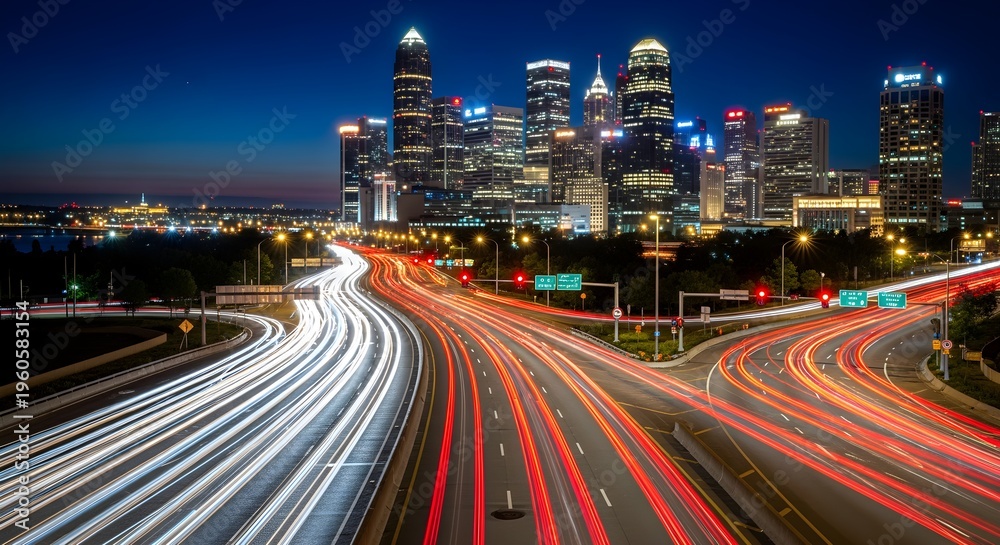 Fototapeta premium Broad streams of white and crimson headlights race along converging expressways toward a dense skyline of glowing towers, capturing the relentless pulse of a modern metropolis as deep blue night settl