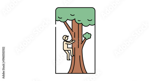 Minimalist illustration of a person actively ascending a large tree trunk, depicting an outdoor