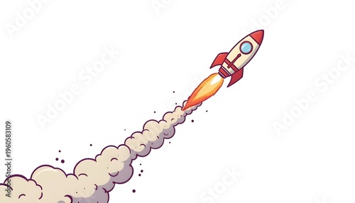 A cartoon rocket ship blasting off into the sky with a trail of smoke and flames