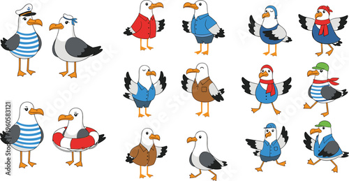 Cute seagull characters collection cartoon birds in sailor clothes beach style vector illustration set