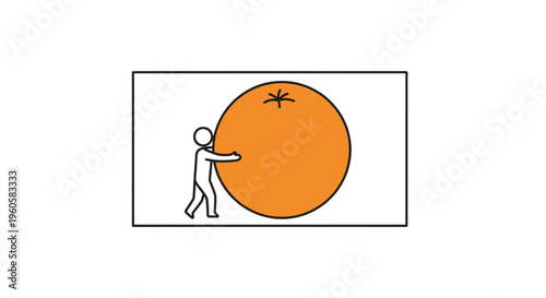Minimalist graphic showing a small person tackling an oversized fruit, highlighting scale and