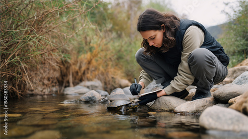 Female biologist crouching by rocky river, carefully studying and documenting wild turtle wearing gloves, conducting wildlife field research in natural outdoor environment.