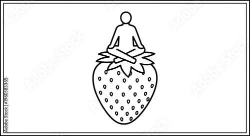 Contour illustration of a human meditating peacefully atop a fresh vibrant strawberry fruit