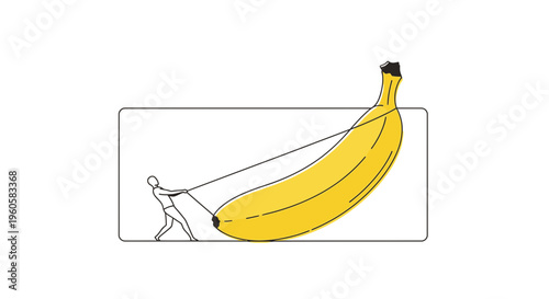An individual's determined struggle to move an oversized banana a symbol of overcoming large