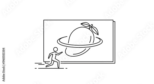 Minimalist line art showing a human figure pursuing a celestial mango, embodying ambitious endeavors
