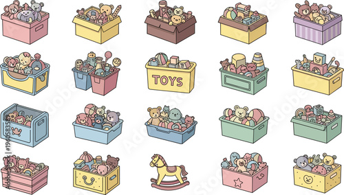 Cute toy boxes collection with teddy bears dolls and stuffed animals storage cartoon nursery vector illustration set