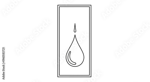 Minimalist line art illustration of a single falling water droplet within a rectangular frame
