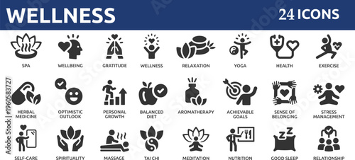 Wellness 24 icon set. Containing massage, yoga, spa, relaxation, health, exercise, diet, wellbeing, meditation, aromatherapy and more.