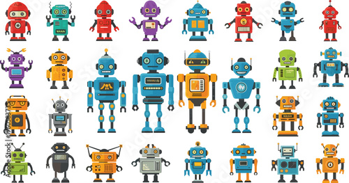 Cute robot characters collection with colorful retro android designs futuristic technology mascots cartoon vector illustration set