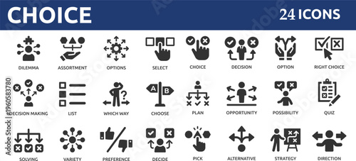 Choice 24 icon set. Containing decision, option, selection, dilemma, select, preference, quiz, opportunity and more.