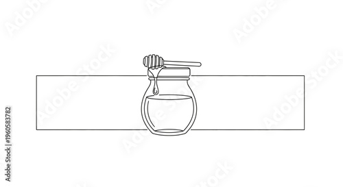 Continuous line drawing of honey in a glass jar with dipper and dripping liquid on white