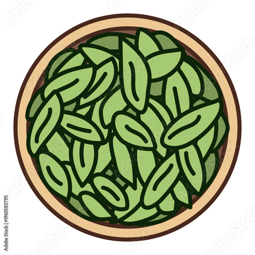 Vector green tea leaves in wooden bowl. Top view illustration of healthy dry tea. Organic herbal product for beverage preparation, tea ceremony and healthy drink menu design element