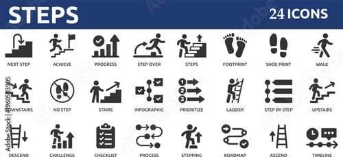 Steps 24 icon set. Containing stairs, footprint, progress, step by step, roadmap, process, walk and more.