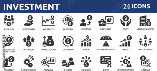 Investment 24 icon set. Containing investor, mutual fund, asset, risk management, economy, financial gain, interest and stock icons.