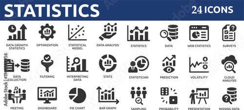 Statistics 24 icon set. Containing data, web statistics, survey, prediction, presentation, cloud analysis and pie chart icons.