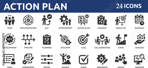Action plan 24 icon set. Containing planning, schedule, strategy, analysis, tasks, goal, collaboration and objective icons.