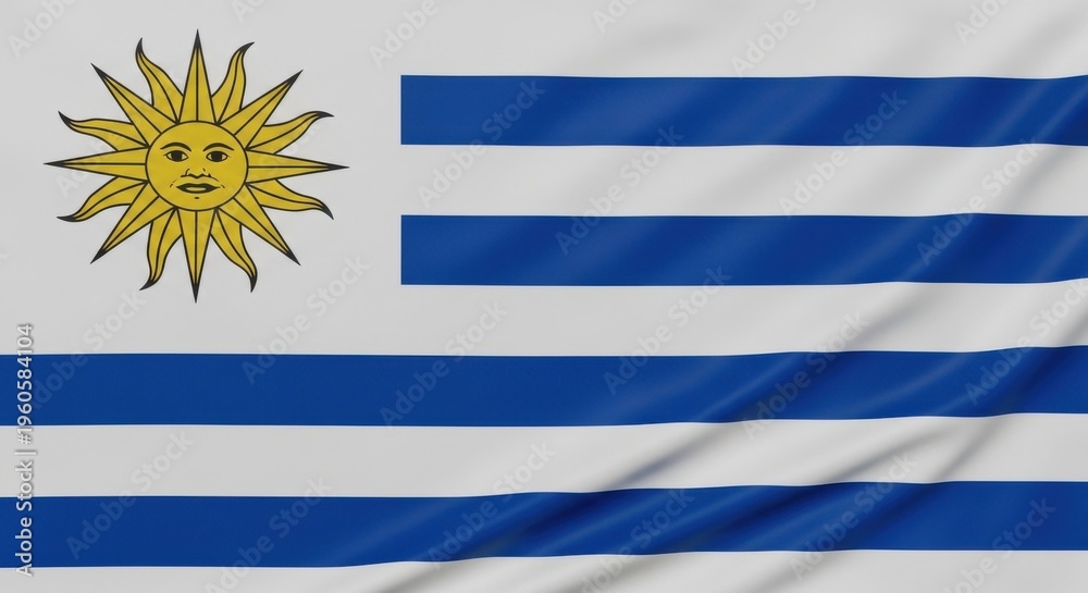 Fototapeta premium Uruguay flag waving with sun symbol on white and blue background