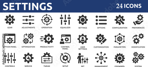 Settings 24 icon set. Containing options, configuration, preferences, adjustments, operation, gear, control panel, equalizer, optimization and setup icons.