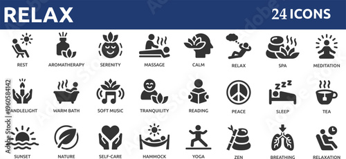 Relax 24 icon set. Containing meditation, calm, relaxation, yoga, spa, self-care, massage, peace, nature, serenity and more.