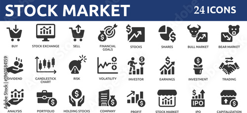 Stock market 24 icon set. Containing stocks, stock exchange, financial goal, shares, investment, bull market, bear market and investment icons