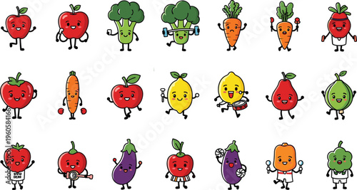 Cute vegetable and fruit characters fitness healthy lifestyle cartoon vector illustration set