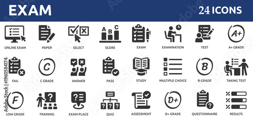 Exam 24 icon set. Containing test, score, quiz, questionnaire, results, pass, online exam and more.