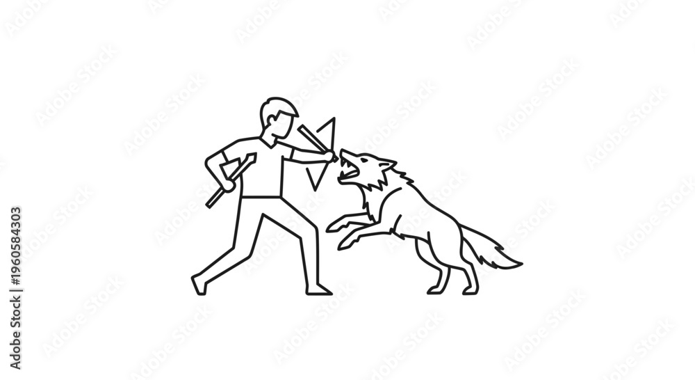 Fototapeta premium Minimalist line art depicting a human figure's valiant defense against a predatory wolf attack