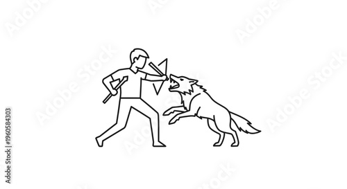 Minimalist line art depicting a human figure's valiant defense against a predatory wolf attack
