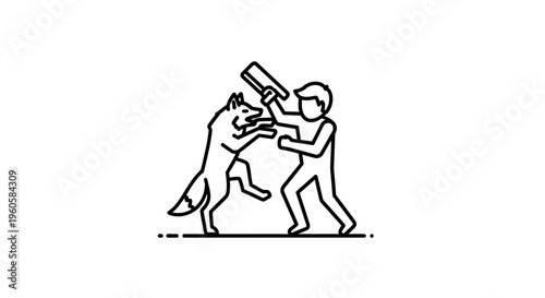 Human and wild canine confrontation line icon illustration representing a dangerous encounter