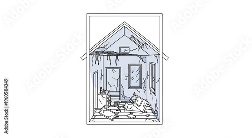 Dilapidated interior of a house showing severe damage and neglect, requiring extensive renovation