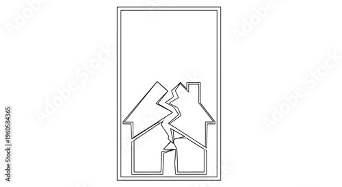 Monochromatic icon of a dwelling unit cracked into two sections, representing loss or legal