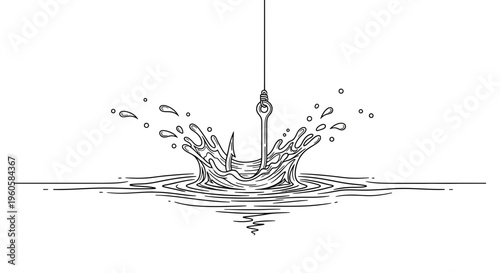 Dynamic fishing hook hitting the water surface with an energetic splash and intricate ripples