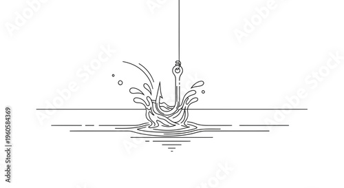 Dynamic fishing hook splash creating ripples on water surface in minimalist line art vector
