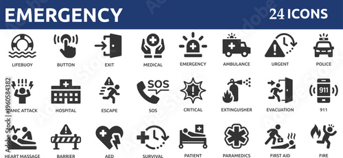 Emergency 24 icon set. Containing ambulance, lifebuoy, first aid, police, medical, emergency exit, hospital and SOS icons.