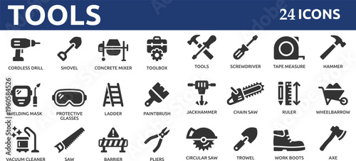 Construction tools 24 icon set. Containing screwdriver, hammer, drill, shovel, concrete mixer, paintbrush, wrench, saw, pliers and more.