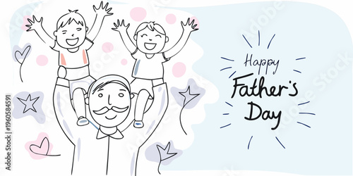 A father carries his children on his shoulders for father s day