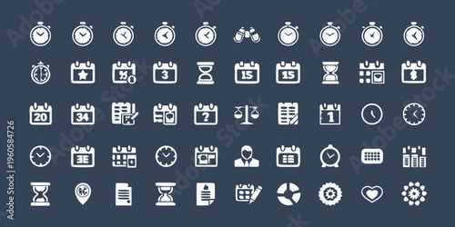 Collection of white time management and scheduling related icons on dark background
