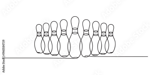 Single one line drawing bowling ball and pins. Sports equipment bowling sport game. one line Icon drawing with white background