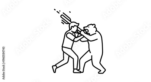 Dynamic human animal conflict outline graphic representing a primal struggle for dominance