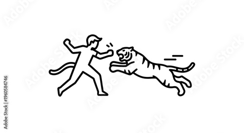Dynamic line art illustration of a human-like figure bravely facing an attacking striped tiger