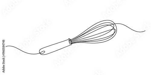 Continuous one line drawing of a balloon whisk kitchen tool minimalist style vector illustration, Balloon Whisk continuous one line drawing illustration. Whisk Continuous Line Art, Cooking whisk one