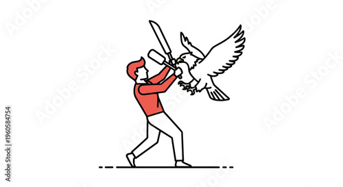 Dynamic struggle between a resolute individual and a powerful flying raptor, symbolizing