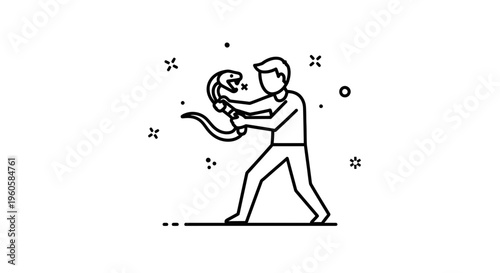 Dynamic line art illustration of a person confidently handling an active serpent showcasing