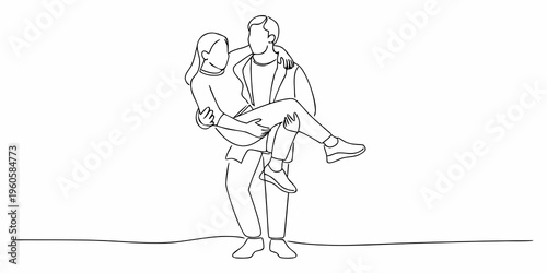 A man lovingly carries a woman in a single line drawing style