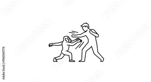 Dynamic minimalist line art depicting a confrontation between a human and an ape showcasing primal