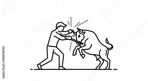 Dynamic monochrome illustration of a determined man confronting a powerful bull in a symbolic