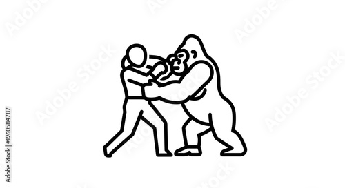 Abstract line art depicting a brave human figure engaging in a boxing match with a powerful