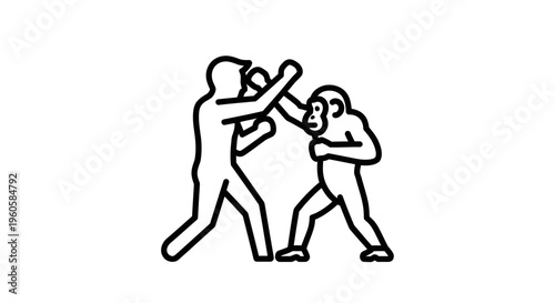 Symbolic confrontation between human and primate in a dynamic combat stance illustration