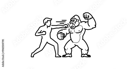 Intense black outline illustration of a human engaging in a challenging combat with a formidable